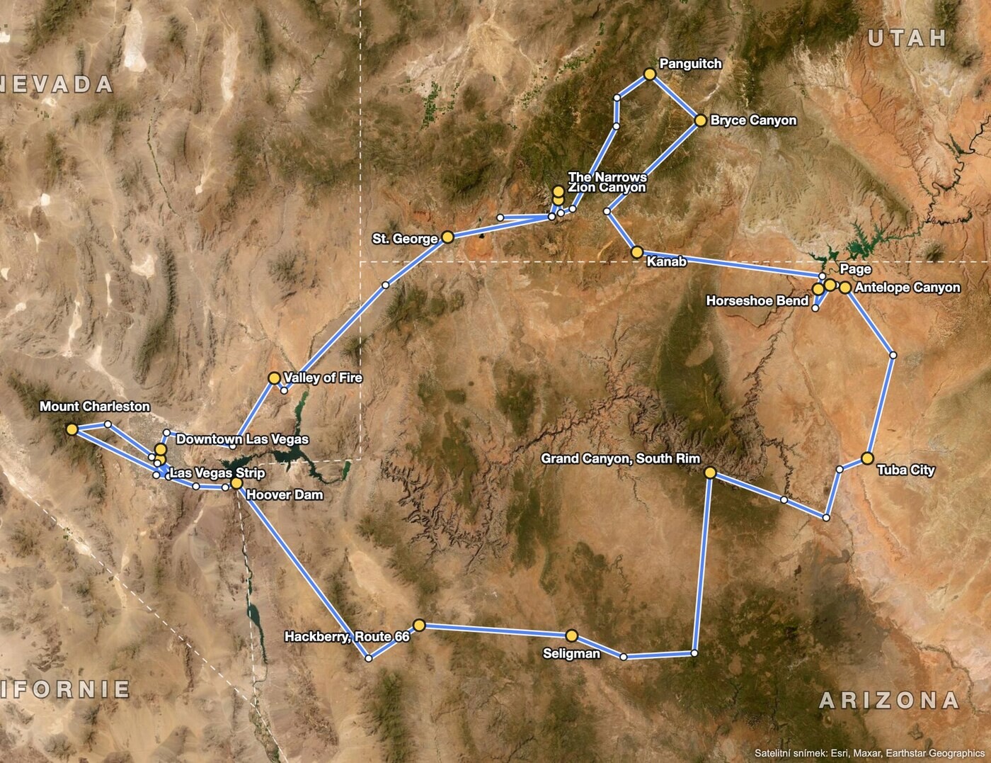 Mapa trasy po Nevadě, Arizoně a Utahu na satelitním snímku