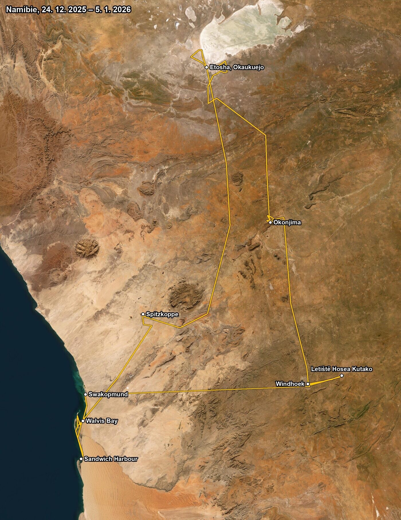 Mapa trasy po Namibii na satelitním snímku