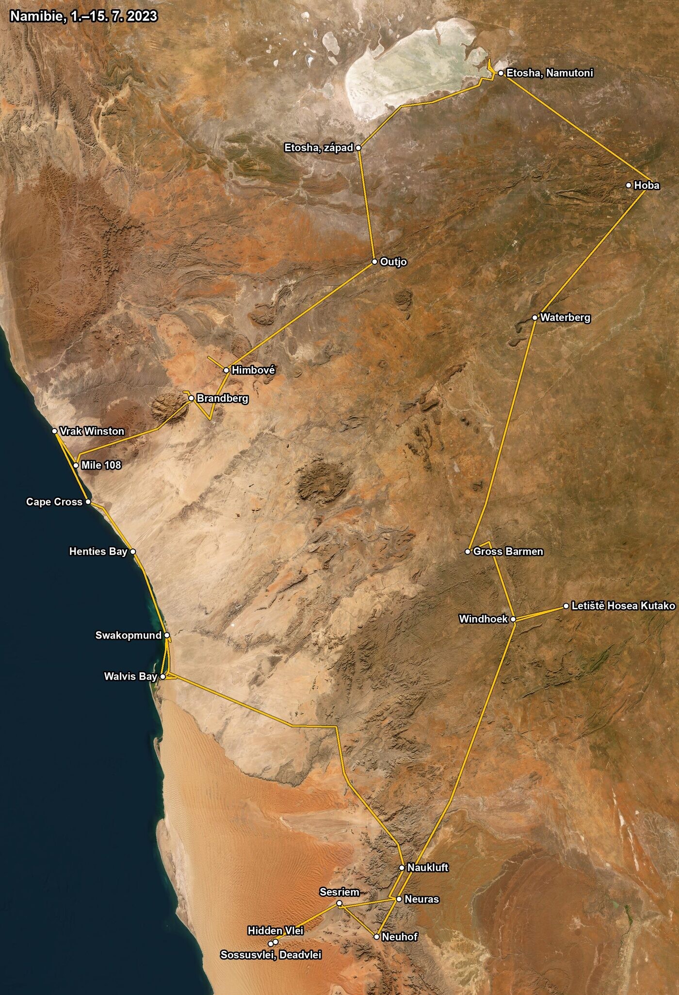 Mapa trasy po Namibii na satelitním snímku